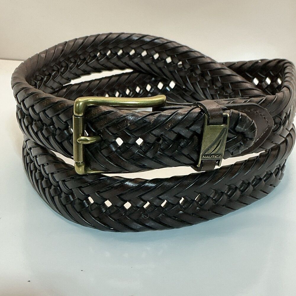 Vintage Nautica Belt Braided/Woven Brown Leather Solid Brass Buckle Size 40